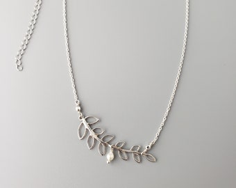 Delicate Single Akoya Pearl Branch Leaf Silver Necklace