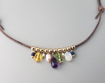 Multi Gemstone Leather Necklace