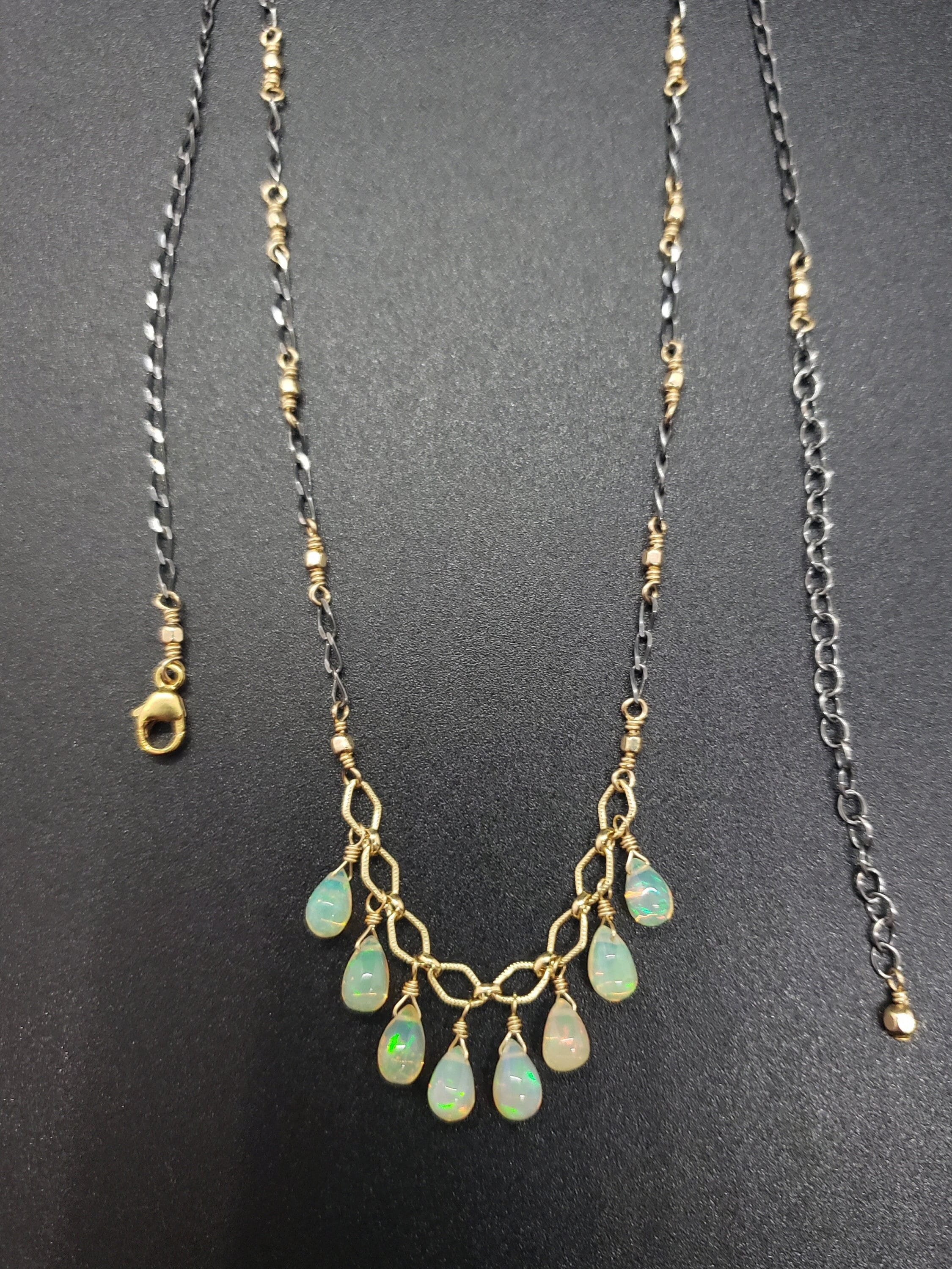 Ethiopian Opal Necklace Oxidized Silver Gold Filled Mixed Metal Chain