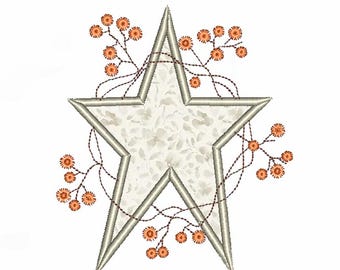 Bittersweet Wreath Machine Embroidery Pattern, Primitive Star with Bittersweet, 4x4, 5x7, 6x6, 8x8