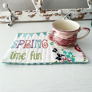 Spring Mug Rug, Welcome Spring, Machine Embroidery pattern, ITH embroidery mug rug