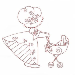 Redwork Baby #7 Machine Embroidery Pattern, Redwork Embroidery, Redwork with Baby Carriage, Sweet Baby Gift, Instant Download