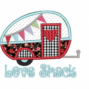 May include: A red and white camper with a black and white checkered door and a heart-shaped window. The camper has a blue and white polka dot roof and a string of colorful flags hanging from the top. The text "Love Shack" is written in blue below the camper.