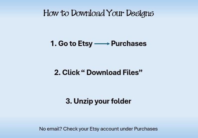 May include: A light blue instructional graphic with black text titled How to Download Your Designs. It lists three steps: 1. Go to Etsy to Purchases, 2. Click Download Files, and 3. Unzip your folder. A footer note reads No email? Check your Etsy account under Purchases.