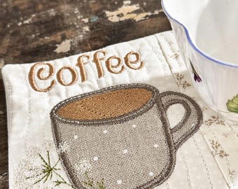 ITH Embroidery Mug Rug Pattern, Coffee Cup Appliqué, Heart Detail, Lace Embroidery (5x7 6x10)