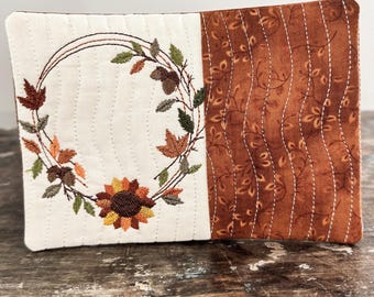 Autumn Wreath Sunflower Mug Rug Machine Embroidery Pattern – In the Hoop Quilted Design, Two Sizes