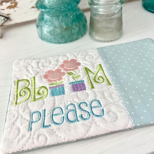 Bloom Please Mug Rug, ITH Machine Embroidery Pattern, Candle Mat