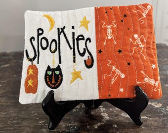 Spookies Halloween Mug Rug Embroidery Pattern, Whimsical Black Cat, Pumpkins, Moon (Two Sizes)