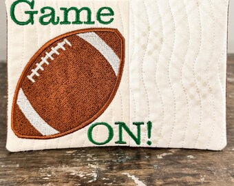 Game On Football Mug Rug Machine and Applique Embroidery Pattern,  ITH Game Day Quilted Coaster, Team Colors, Two Sizes