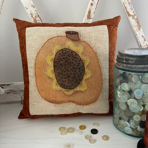 Primitive Pumpkin Hand Embroidery, Sunflower Pumpkin with Colored Pencil Tinting, Autumn Pattern