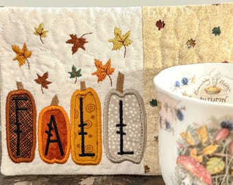 Fall Pumpkin ITH Mug Rug Embroidery Design | Autumn Appliqué Coaster | Machine Embroidery Pattern