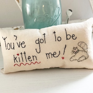 Peut inclure: Un oreiller blanc avec le texte "You've got to be kitten me!" brodé en fil noir. L'oreiller a un cœur brodé rouge et un petit chat brodé avec une queue grise.