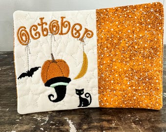 Halloween Mug Rug Embroidery Pattern, Pumpkin Witch Hat, Black Cat, Bat, Moon, 2 Sizes