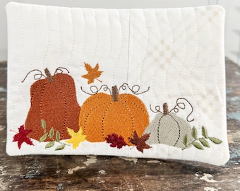 Autumn Pumpkins Mug Rug Machine Embroidery Design, In-The-Hoop (Digital Download), Two Sizes