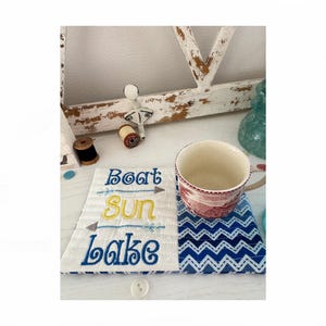 ITH Boat Sun Lake Mug Rug Pattern, Machine Embroidery pattern, Two Sizes included
