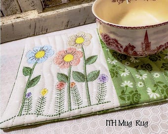 May Floral ITH Mug Rug Embroidery Pattern, Wildflower Spring Design (5x7 6x10)