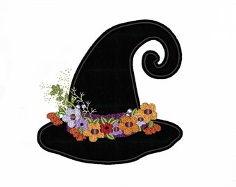Floral Witch Hat Machine Embroidery Applique Pattern (ITH, 4x4 to 8x8)