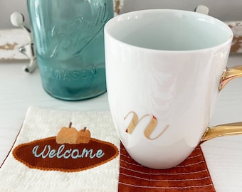 Pumpkin Welcome Mug Rug: ITH Machine Embroidery Pattern (Two Sizes)