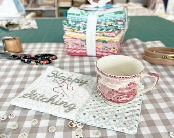 Happy Stitching2 Mug Rug, ITH Machine Embroidery Mug Rug, Mug Rug Pattern, Mug Gift for Sewing Friends, Two Sizes