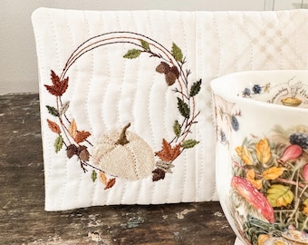 Autumn Pumpkin Wreath Mug Rug Pattern, ITH Machine Embroidery, Fall Quilted Coaster, Two Sizes