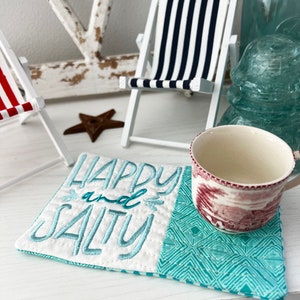 Happy and Salty Mug Rug, ITH Beach Mug Rug Pattern, ITH Embroidery, Two Sizes