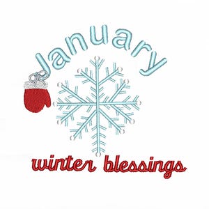Op de afbeelding: Een winterthema-ontwerp met het woord "January" in lichtblauw script boven een lichtblauwe sneeuwvlok. Een rode want met witte rand hangt aan het woord "January". De woorden "winter blessings" staan in rood script hieronder.