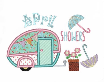 April Camper with Month Machine Embroidery Pattern, April Showers, Camper BOM, April Glamping, April Gift