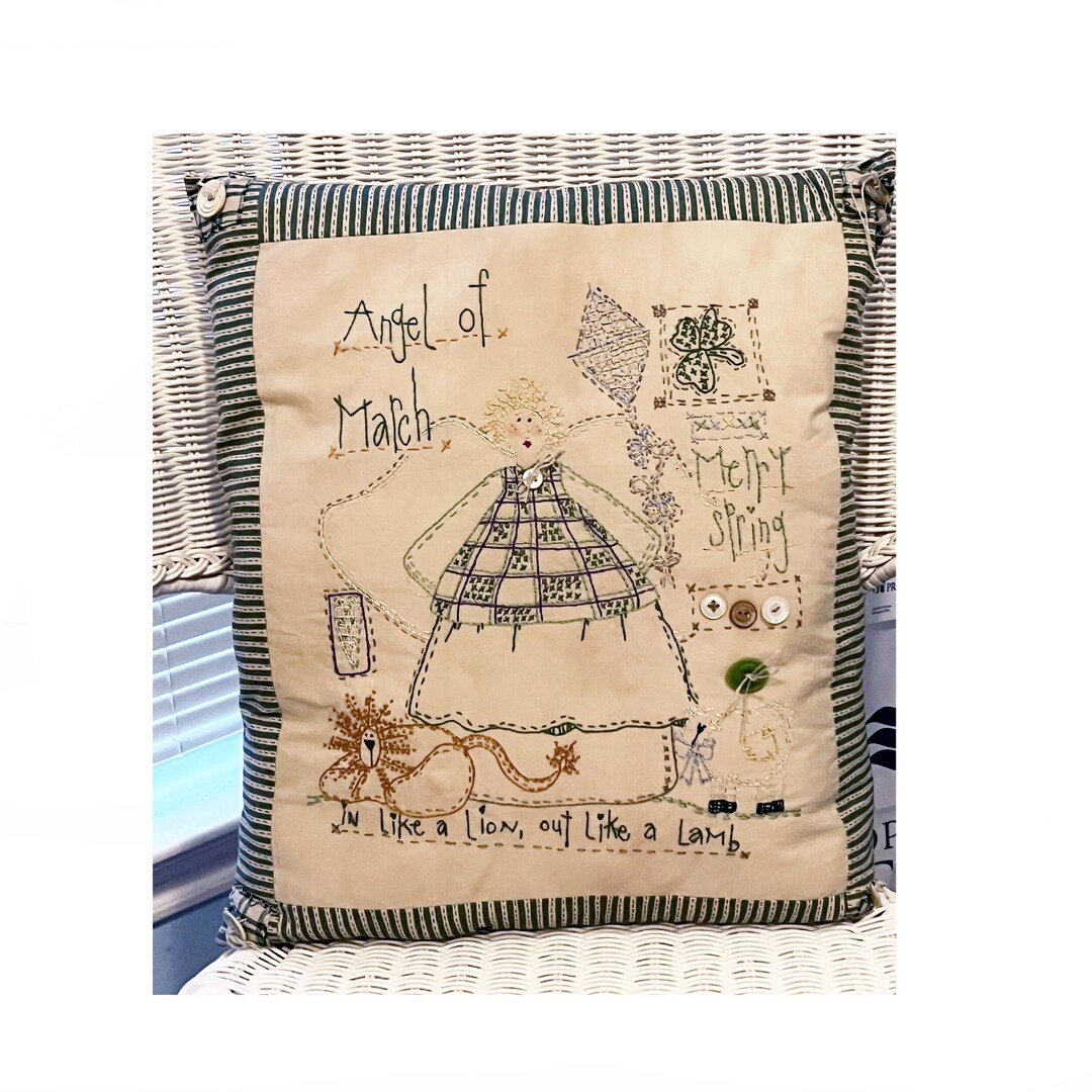 Angel of March Primitive Hand Embroidery Stitchery by Basket Case X
