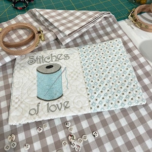 Stitches of Love Mug Rug, ITH Mug Rug Pattern, ITH Machine Embroidery, Two Sizes, Mug Rug Gift for Sewing, Quilting, or Embroidery Friend