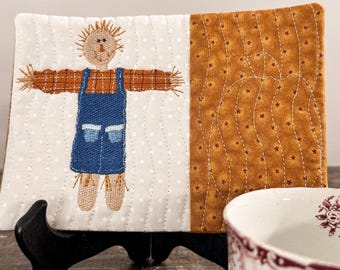 Scarecrow Mug Rug Pattern, Autumn Embroidery Design, In the Hoop Mug Rug