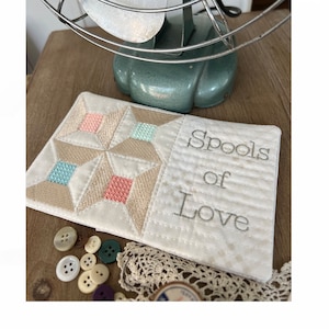 Spools Mug Rug, Spools of Love Mug Rug in Two Sizes, ITH Machine Embroidery Pattern