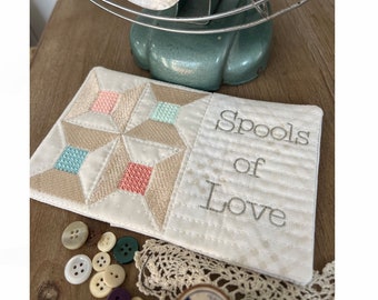 Spools Mug Rug, Spools of Love Mug Rug in Two Sizes, ITH Machine Embroidery Pattern