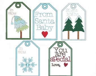 Christmas Gift Tag Bundle, ITH Machine Embroidery and Applique Pattern, Five Designs Included, Instant Download