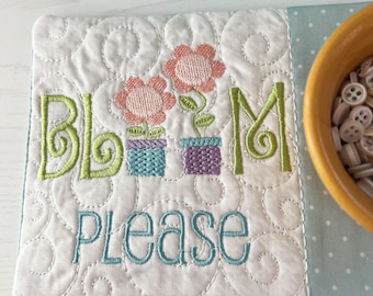 Bloom Please Mug Rug, ITH Machine Embroidery Pattern, Candle Mat