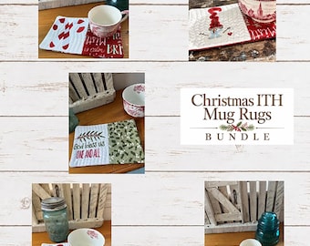 May include: A collection of five rectangular fabric mug rugs featuring various Christmas-themed designs, including candy canes, a gnome, holly, a house, and text reading Merry and Bright. The set includes the text Christmas ITH Mug Rugs BUNDLE.