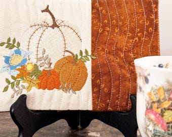 Harvest Pumpkin Embroidery Mug Rug, Autumn Floral Design, Fall Decor (Digital Download)