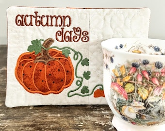 Autumn Days Pumpkin Mug Rug Embroidery Design, Appliqued Fall Quilt (5x7, 6x10)