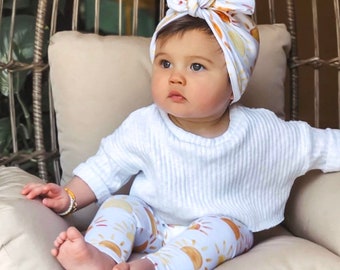 Sunshine Stripe Leggings and/or Turban Hat Set, Cute Baby Girl Clothes, Preemie Vintage Clothing, Newborn Coming Home Outfit, Baby Beach Set