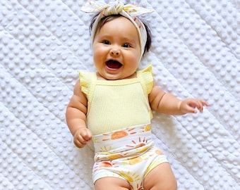 Sunshine Stripe Bummies and/or Tiny Knot or Top Knot Headband Set, Baby Girl Clothes, Toddler Diaper Cover, Cute High Waisted Shorts