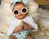 Shamrock Soft Pink Floral on White Bummies and Top Knot Headband Set, Baby Girl St Patricks Day Outfit, Bamboo Cotton Diaper Cover