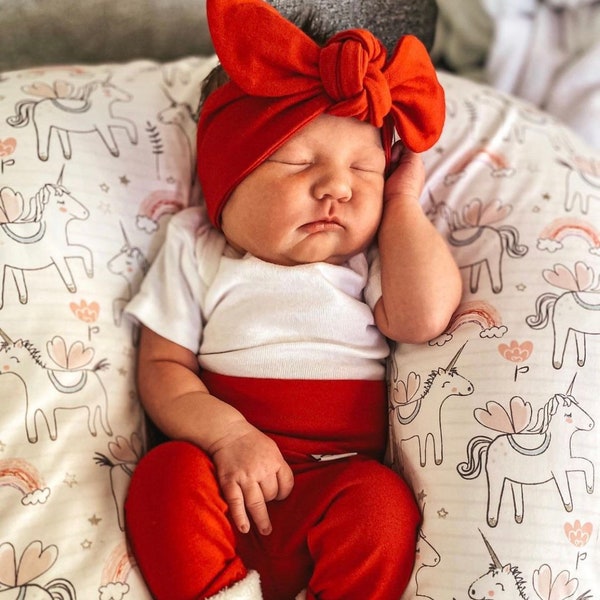 YOU CHOOSE COLOR, Red Leggings and/or Top Knot Headband, Christmas Baby Girl Gift Set, Newborn Coming Home Outfit, Cute Preemie Clothes Set