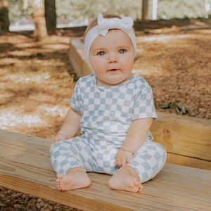 Blue Retro Checkered Harem Short-Sleeve Romper, Baby Clothing, Baby Girl Romper, Summer Baby Romper, Unisex Baby Sleeveless Summer Jumpsuit