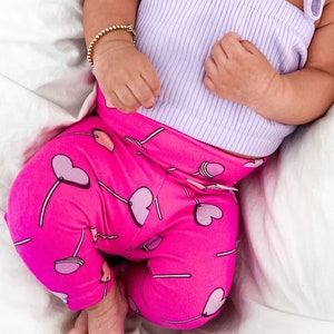 Valentine&#39;s Lollipops on Pink Leggings and/or Top Knot Headbands Set, Preemie Girl Clothes, Newborn Coming Home Outfit, Baby Girl Pants
