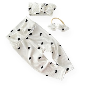 Flipped Black Hearts on White Rib Leggings and/or Headband Set, Preemie Girl Clothes, Newborn Coming Home Outfit, Baby Valentine Day Outfit
