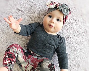 Conjunto de leggings y/o diadema con estampado floral orgánico / Set de regalo para bebé / Conjunto para bebé niña / Conjunto para recién nacida para salir del hospital / Ropa para bebé prematuro