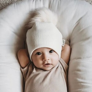 Cream Ribbed Faux Fur Pom Pom Beanie and Infinity Scarf Set, Winter Fall Hat and Loop Scarf, Unisex Newborn, Baby, Toddler, Baby Slouchy Hat