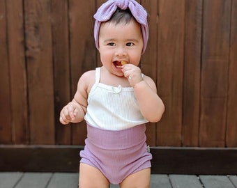 Lavender Rib Bummies and/or Top Knot Headband Set, Baby Girl Cute Outfit, Unisex Diaper Cover, Toddler High Waisted Shorts