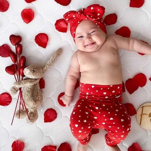 White Hearts on Red Leggings and/or Headband,  Baby Valentine Pants & Bows, Preemie Girl Clothes, Newborn Coming Home Outfit, Baby Girl Gift