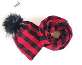 Red Buffalo Plaid Fur Pom Pom Beanie and Infinity Scarf Set Winter Fall Outfit Newborn, Baby, Toddler, Adult Slouchy Pompom Hat Set