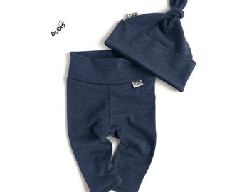 Sie wählen Farbe, Baby Heather Navy Leggings und Knoten Hut Set, Preemie Hose und Mütze, Neugeborenen nach Hause kommen Outfit, neues Baby-Babyparty-Geschenk